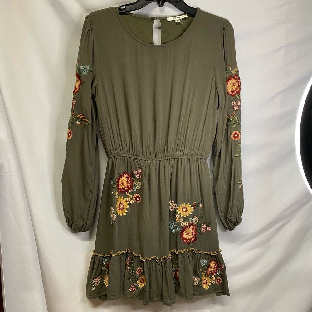 Andree by Unit Small  Olive Long Sleeve Embroidered Waist Mini Dress